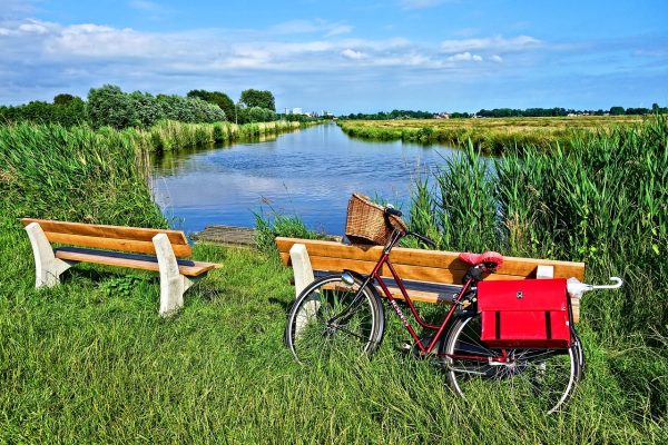 bicycle, bench, waterway